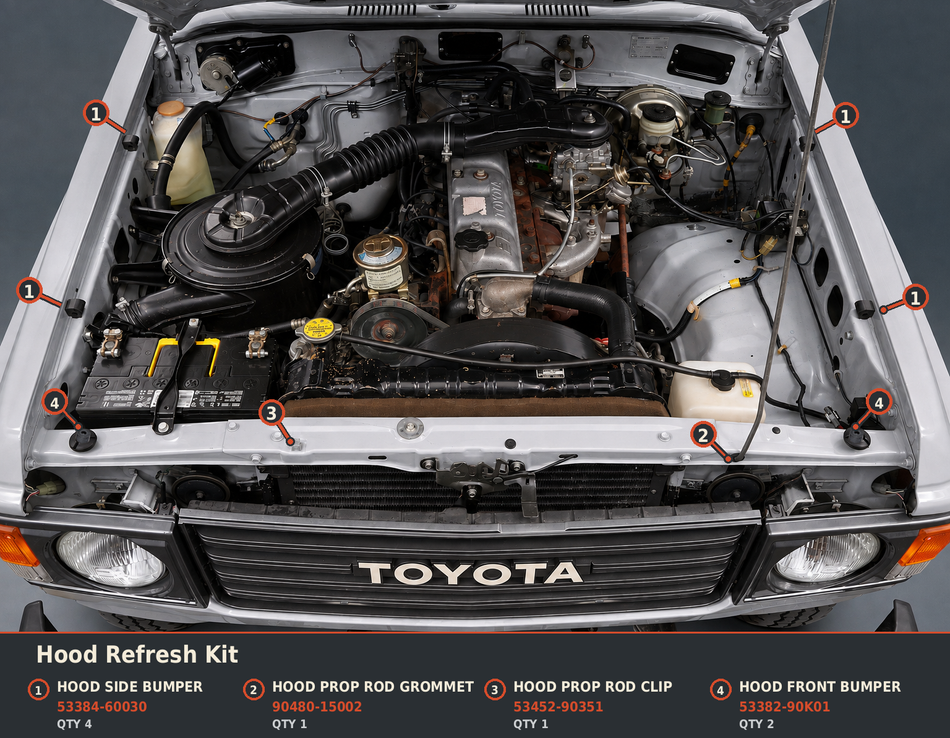 Hood refresh kit of genuine Toyota bumpers, grommet and clip, FJ60 FJ62 Land Cruiser, kit contents.